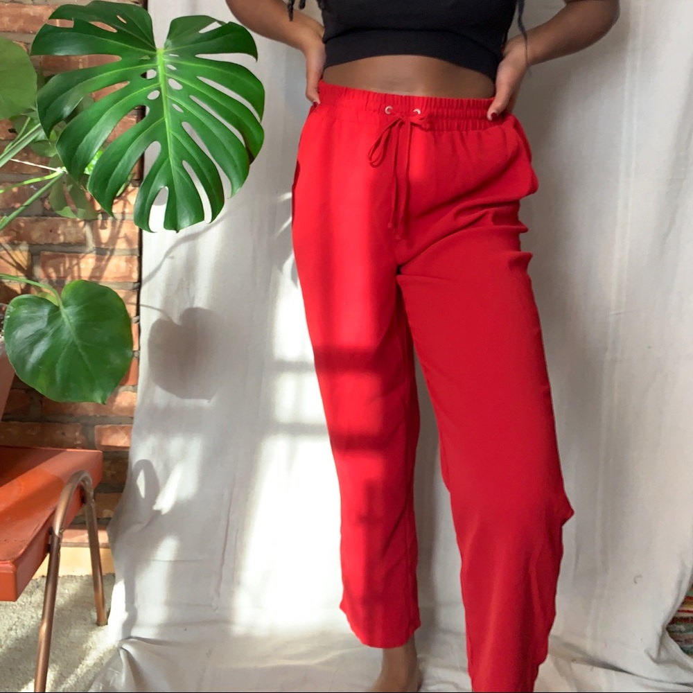 high waisted red flowy wide leg pants